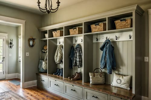photo from pinterest of farmhouse-style interior designed (mudroom interior) with a bench and storage drawers and cubbies and shelves for shoes and wall hooks for coats and high up storage and storage baskets and cabinets. . with . . cinematic photo, highly detailed, cinematic lighting, ultra-detailed, ultrarealistic, photorealism, 8k. trending on pinterest. farmhouse interior design style. masterpiece, cinematic light, ultrarealistic+, photorealistic+, 8k, raw photo, realistic, sharp focus on eyes, (symmetrical eyes), (intact eyes), hyperrealistic, highest quality, best quality, , highly detailed, masterpiece, best quality, extremely detailed 8k wallpaper, masterpiece, best quality, ultra-detailed, best shadow, detailed background, detailed face, detailed eyes, high contrast, best illumination, detailed face, dulux, caustic, dynamic angle, detailed glow. dramatic lighting. highly detailed, insanely detailed hair, symmetrical, intricate details, professionally retouched, 8k high definition. strong bokeh. award winning photo.