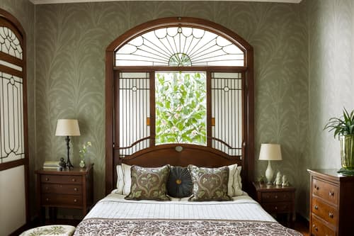 photo from pinterest of art nouveau-style interior designed (bedroom interior) with mirror and storage bench or ottoman and night light and plant and bed and dresser closet and bedside table or night stand and accent chair. . with asymmetrical shapes and wallpaper patterns of stylized flowers and arches and curved forms and wallpaper patterns of feathers and soft, rounded lines and ashy colors and stained glass and japanese motifs. . cinematic photo, highly detailed, cinematic lighting, ultra-detailed, ultrarealistic, photorealism, 8k. trending on pinterest. art nouveau interior design style. masterpiece, cinematic light, ultrarealistic+, photorealistic+, 8k, raw photo, realistic, sharp focus on eyes, (symmetrical eyes), (intact eyes), hyperrealistic, highest quality, best quality, , highly detailed, masterpiece, best quality, extremely detailed 8k wallpaper, masterpiece, best quality, ultra-detailed, best shadow, detailed background, detailed face, detailed eyes, high contrast, best illumination, detailed face, dulux, caustic, dynamic angle, detailed glow. dramatic lighting. highly detailed, insanely detailed hair, symmetrical, intricate details, professionally retouched, 8k high definition. strong bokeh. award winning photo.