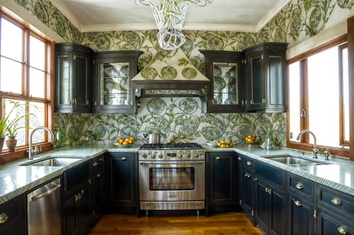 photo from pinterest of art nouveau-style interior designed (kitchen interior) with kitchen cabinets and refrigerator and worktops and plant and sink and stove and kitchen cabinets. . with asymmetrical shapes and wallpaper patterns of feathers and stained glass and curving, plant-like embellishments and japanese motifs and curved glass and wallpaper pattners of spider webs and arches and curved forms. . cinematic photo, highly detailed, cinematic lighting, ultra-detailed, ultrarealistic, photorealism, 8k. trending on pinterest. art nouveau interior design style. masterpiece, cinematic light, ultrarealistic+, photorealistic+, 8k, raw photo, realistic, sharp focus on eyes, (symmetrical eyes), (intact eyes), hyperrealistic, highest quality, best quality, , highly detailed, masterpiece, best quality, extremely detailed 8k wallpaper, masterpiece, best quality, ultra-detailed, best shadow, detailed background, detailed face, detailed eyes, high contrast, best illumination, detailed face, dulux, caustic, dynamic angle, detailed glow. dramatic lighting. highly detailed, insanely detailed hair, symmetrical, intricate details, professionally retouched, 8k high definition. strong bokeh. award winning photo.