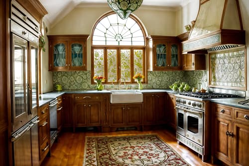 photo from pinterest of art nouveau-style interior designed (kitchen living combo interior) with rug and stove and sink and kitchen cabinets and occasional tables and refrigerator and furniture and worktops. . with soft, rounded lines and stained glass and wallpaper patterns of stylized flowers and curving, plant-like embellishments and wallpaper pattners of spider webs and curved glass and asymmetrical shapes and arches and curved forms. . cinematic photo, highly detailed, cinematic lighting, ultra-detailed, ultrarealistic, photorealism, 8k. trending on pinterest. art nouveau interior design style. masterpiece, cinematic light, ultrarealistic+, photorealistic+, 8k, raw photo, realistic, sharp focus on eyes, (symmetrical eyes), (intact eyes), hyperrealistic, highest quality, best quality, , highly detailed, masterpiece, best quality, extremely detailed 8k wallpaper, masterpiece, best quality, ultra-detailed, best shadow, detailed background, detailed face, detailed eyes, high contrast, best illumination, detailed face, dulux, caustic, dynamic angle, detailed glow. dramatic lighting. highly detailed, insanely detailed hair, symmetrical, intricate details, professionally retouched, 8k high definition. strong bokeh. award winning photo.