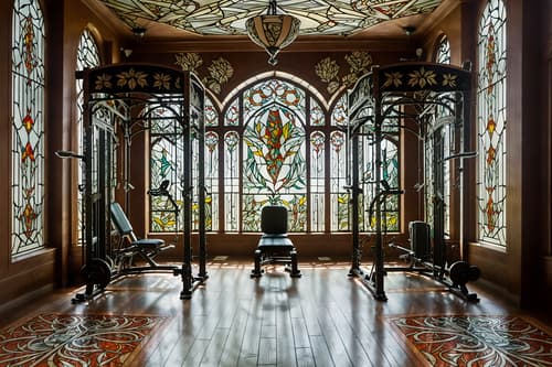 photo from pinterest of art nouveau-style interior designed (fitness gym interior) with squat rack and exercise bicycle and crosstrainer and bench press and dumbbell stand and squat rack. . with wallpaper patterns of feathers and curved glass and asymmetrical shapes and curving, plant-like embellishments and stained glass and stained glass and wallpaper pattners of spider webs and mosaics. . cinematic photo, highly detailed, cinematic lighting, ultra-detailed, ultrarealistic, photorealism, 8k. trending on pinterest. art nouveau interior design style. masterpiece, cinematic light, ultrarealistic+, photorealistic+, 8k, raw photo, realistic, sharp focus on eyes, (symmetrical eyes), (intact eyes), hyperrealistic, highest quality, best quality, , highly detailed, masterpiece, best quality, extremely detailed 8k wallpaper, masterpiece, best quality, ultra-detailed, best shadow, detailed background, detailed face, detailed eyes, high contrast, best illumination, detailed face, dulux, caustic, dynamic angle, detailed glow. dramatic lighting. highly detailed, insanely detailed hair, symmetrical, intricate details, professionally retouched, 8k high definition. strong bokeh. award winning photo.