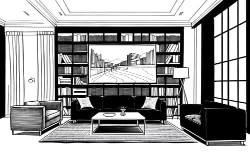 (hand-drawn monochrome black and white sketch line drawing)++ of sketch-style interior designed (living room) apartment interior. a sketch of interior. with . . a sketch of interior. with occasional tables and sofa and bookshelves. trending on artstation. black and white line drawing sketch without colors. masterpiece, cinematic light, ultrarealistic+, photorealistic+, 8k, raw photo, realistic, sharp focus on eyes, (symmetrical eyes), (intact eyes), hyperrealistic, highest quality, best quality, , highly detailed, masterpiece, best quality, extremely detailed 8k wallpaper, masterpiece, best quality, ultra-detailed, best shadow, detailed background, detailed face, detailed eyes, high contrast, best illumination, detailed face, dulux, caustic, dynamic angle, detailed glow. dramatic lighting. highly detailed, insanely detailed hair, symmetrical, intricate details, professionally retouched, 8k high definition. strong bokeh. award winning photo.
