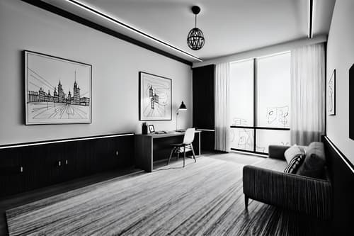 (hand-drawn monochrome black and white sketch line drawing)++ of sketch-style interior designed (study room) apartment interior. a sketch of interior. with . . a sketch of interior. with writing desk and desk lamp and lounge chair. trending on artstation. black and white line drawing sketch without colors. masterpiece, cinematic light, ultrarealistic+, photorealistic+, 8k, raw photo, realistic, sharp focus on eyes, (symmetrical eyes), (intact eyes), hyperrealistic, highest quality, best quality, , highly detailed, masterpiece, best quality, extremely detailed 8k wallpaper, masterpiece, best quality, ultra-detailed, best shadow, detailed background, detailed face, detailed eyes, high contrast, best illumination, detailed face, dulux, caustic, dynamic angle, detailed glow. dramatic lighting. highly detailed, insanely detailed hair, symmetrical, intricate details, professionally retouched, 8k high definition. strong bokeh. award winning photo.
