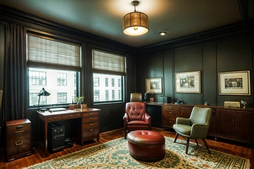 photo from pinterest of vintage-style interior designed (office interior) with desk lamps and lounge chairs and cabinets and windows and computer desks and office chairs and seating area with sofa and office desks. . with . . cinematic photo, highly detailed, cinematic lighting, ultra-detailed, ultrarealistic, photorealism, 8k. trending on pinterest. vintage interior design style. masterpiece, cinematic light, ultrarealistic+, photorealistic+, 8k, raw photo, realistic, sharp focus on eyes, (symmetrical eyes), (intact eyes), hyperrealistic, highest quality, best quality, , highly detailed, masterpiece, best quality, extremely detailed 8k wallpaper, masterpiece, best quality, ultra-detailed, best shadow, detailed background, detailed face, detailed eyes, high contrast, best illumination, detailed face, dulux, caustic, dynamic angle, detailed glow. dramatic lighting. highly detailed, insanely detailed hair, symmetrical, intricate details, professionally retouched, 8k high definition. strong bokeh. award winning photo.