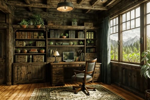 photo from pinterest of rustic-style interior designed (study room interior) with plant and bookshelves and writing desk and cabinets and desk lamp and office chair and lounge chair and plant. . with . . cinematic photo, highly detailed, cinematic lighting, ultra-detailed, ultrarealistic, photorealism, 8k. trending on pinterest. rustic interior design style. masterpiece, cinematic light, ultrarealistic+, photorealistic+, 8k, raw photo, realistic, sharp focus on eyes, (symmetrical eyes), (intact eyes), hyperrealistic, highest quality, best quality, , highly detailed, masterpiece, best quality, extremely detailed 8k wallpaper, masterpiece, best quality, ultra-detailed, best shadow, detailed background, detailed face, detailed eyes, high contrast, best illumination, detailed face, dulux, caustic, dynamic angle, detailed glow. dramatic lighting. highly detailed, insanely detailed hair, symmetrical, intricate details, professionally retouched, 8k high definition. strong bokeh. award winning photo.