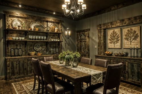 photo from pinterest of rustic-style interior designed (dining room interior) with dining table and bookshelves and dining table chairs and table cloth and light or chandelier and painting or photo on wall and plates, cutlery and glasses on dining table and vase. . with . . cinematic photo, highly detailed, cinematic lighting, ultra-detailed, ultrarealistic, photorealism, 8k. trending on pinterest. rustic interior design style. masterpiece, cinematic light, ultrarealistic+, photorealistic+, 8k, raw photo, realistic, sharp focus on eyes, (symmetrical eyes), (intact eyes), hyperrealistic, highest quality, best quality, , highly detailed, masterpiece, best quality, extremely detailed 8k wallpaper, masterpiece, best quality, ultra-detailed, best shadow, detailed background, detailed face, detailed eyes, high contrast, best illumination, detailed face, dulux, caustic, dynamic angle, detailed glow. dramatic lighting. highly detailed, insanely detailed hair, symmetrical, intricate details, professionally retouched, 8k high definition. strong bokeh. award winning photo.