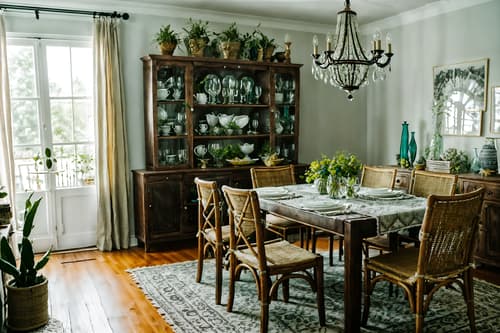 photo from pinterest of boho-chic-style interior designed (dining room interior) with plates, cutlery and glasses on dining table and bookshelves and vase and painting or photo on wall and dining table chairs and table cloth and light or chandelier and dining table. . . cinematic photo, highly detailed, cinematic lighting, ultra-detailed, ultrarealistic, photorealism, 8k. trending on pinterest. boho-chic interior design style. masterpiece, cinematic light, ultrarealistic+, photorealistic+, 8k, raw photo, realistic, sharp focus on eyes, (symmetrical eyes), (intact eyes), hyperrealistic, highest quality, best quality, , highly detailed, masterpiece, best quality, extremely detailed 8k wallpaper, masterpiece, best quality, ultra-detailed, best shadow, detailed background, detailed face, detailed eyes, high contrast, best illumination, detailed face, dulux, caustic, dynamic angle, detailed glow. dramatic lighting. highly detailed, insanely detailed hair, symmetrical, intricate details, professionally retouched, 8k high definition. strong bokeh. award winning photo.
