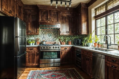 photo from pinterest of boho-chic-style interior designed (kitchen interior) with stove and kitchen cabinets and worktops and plant and refrigerator and sink and stove. . . cinematic photo, highly detailed, cinematic lighting, ultra-detailed, ultrarealistic, photorealism, 8k. trending on pinterest. boho-chic interior design style. masterpiece, cinematic light, ultrarealistic+, photorealistic+, 8k, raw photo, realistic, sharp focus on eyes, (symmetrical eyes), (intact eyes), hyperrealistic, highest quality, best quality, , highly detailed, masterpiece, best quality, extremely detailed 8k wallpaper, masterpiece, best quality, ultra-detailed, best shadow, detailed background, detailed face, detailed eyes, high contrast, best illumination, detailed face, dulux, caustic, dynamic angle, detailed glow. dramatic lighting. highly detailed, insanely detailed hair, symmetrical, intricate details, professionally retouched, 8k high definition. strong bokeh. award winning photo.