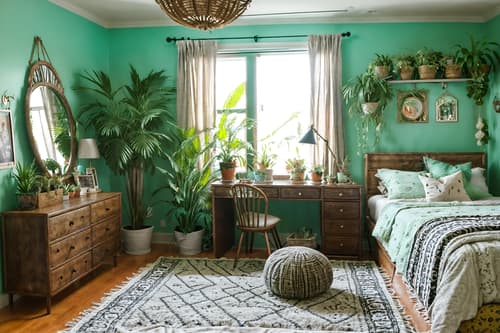 photo from pinterest of boho-chic-style interior designed (kids room interior) with plant and bedside table or night stand and storage bench or ottoman and mirror and headboard and bed and kids desk and dresser closet. . . cinematic photo, highly detailed, cinematic lighting, ultra-detailed, ultrarealistic, photorealism, 8k. trending on pinterest. boho-chic interior design style. masterpiece, cinematic light, ultrarealistic+, photorealistic+, 8k, raw photo, realistic, sharp focus on eyes, (symmetrical eyes), (intact eyes), hyperrealistic, highest quality, best quality, , highly detailed, masterpiece, best quality, extremely detailed 8k wallpaper, masterpiece, best quality, ultra-detailed, best shadow, detailed background, detailed face, detailed eyes, high contrast, best illumination, detailed face, dulux, caustic, dynamic angle, detailed glow. dramatic lighting. highly detailed, insanely detailed hair, symmetrical, intricate details, professionally retouched, 8k high definition. strong bokeh. award winning photo.