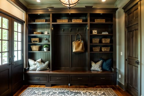photo from pinterest of luxury-style interior designed (mudroom interior) with high up storage and a bench and shelves for shoes and storage baskets and cubbies and cabinets and storage drawers and wall hooks for coats. . . cinematic photo, highly detailed, cinematic lighting, ultra-detailed, ultrarealistic, photorealism, 8k. trending on pinterest. luxury interior design style. masterpiece, cinematic light, ultrarealistic+, photorealistic+, 8k, raw photo, realistic, sharp focus on eyes, (symmetrical eyes), (intact eyes), hyperrealistic, highest quality, best quality, , highly detailed, masterpiece, best quality, extremely detailed 8k wallpaper, masterpiece, best quality, ultra-detailed, best shadow, detailed background, detailed face, detailed eyes, high contrast, best illumination, detailed face, dulux, caustic, dynamic angle, detailed glow. dramatic lighting. highly detailed, insanely detailed hair, symmetrical, intricate details, professionally retouched, 8k high definition. strong bokeh. award winning photo.