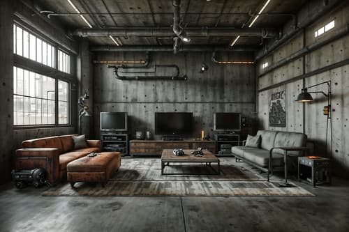photo from pinterest of industrial-style interior designed (gaming room interior) . with reclaimed wood and neutral tones and open floorplan and raw aesthetic and metal panels and exposed concrete and utilitarian objects and exposed rafters. . cinematic photo, highly detailed, cinematic lighting, ultra-detailed, ultrarealistic, photorealism, 8k. trending on pinterest. industrial interior design style. masterpiece, cinematic light, ultrarealistic+, photorealistic+, 8k, raw photo, realistic, sharp focus on eyes, (symmetrical eyes), (intact eyes), hyperrealistic, highest quality, best quality, , highly detailed, masterpiece, best quality, extremely detailed 8k wallpaper, masterpiece, best quality, ultra-detailed, best shadow, detailed background, detailed face, detailed eyes, high contrast, best illumination, detailed face, dulux, caustic, dynamic angle, detailed glow. dramatic lighting. highly detailed, insanely detailed hair, symmetrical, intricate details, professionally retouched, 8k high definition. strong bokeh. award winning photo.
