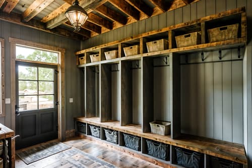 photo from pinterest of industrial-style interior designed (mudroom interior) with shelves for shoes and storage drawers and cubbies and high up storage and wall hooks for coats and storage baskets and a bench and cabinets. . with exposed rafters and reclaimed wood and factory style and exposed brick and raw aesthetic and open floorplan and exposed concrete and neutral tones. . cinematic photo, highly detailed, cinematic lighting, ultra-detailed, ultrarealistic, photorealism, 8k. trending on pinterest. industrial interior design style. masterpiece, cinematic light, ultrarealistic+, photorealistic+, 8k, raw photo, realistic, sharp focus on eyes, (symmetrical eyes), (intact eyes), hyperrealistic, highest quality, best quality, , highly detailed, masterpiece, best quality, extremely detailed 8k wallpaper, masterpiece, best quality, ultra-detailed, best shadow, detailed background, detailed face, detailed eyes, high contrast, best illumination, detailed face, dulux, caustic, dynamic angle, detailed glow. dramatic lighting. highly detailed, insanely detailed hair, symmetrical, intricate details, professionally retouched, 8k high definition. strong bokeh. award winning photo.