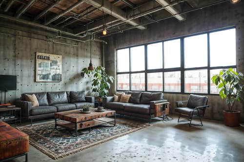 photo from pinterest of industrial-style interior designed (living room interior) with plant and occasional tables and electric lamps and rug and chairs and coffee tables and televisions and furniture. . with open floorplan and exposed concrete and reclaimed wood and factory style and utilitarian objects and metal panels and neutral tones and exposed rafters. . cinematic photo, highly detailed, cinematic lighting, ultra-detailed, ultrarealistic, photorealism, 8k. trending on pinterest. industrial interior design style. masterpiece, cinematic light, ultrarealistic+, photorealistic+, 8k, raw photo, realistic, sharp focus on eyes, (symmetrical eyes), (intact eyes), hyperrealistic, highest quality, best quality, , highly detailed, masterpiece, best quality, extremely detailed 8k wallpaper, masterpiece, best quality, ultra-detailed, best shadow, detailed background, detailed face, detailed eyes, high contrast, best illumination, detailed face, dulux, caustic, dynamic angle, detailed glow. dramatic lighting. highly detailed, insanely detailed hair, symmetrical, intricate details, professionally retouched, 8k high definition. strong bokeh. award winning photo.
