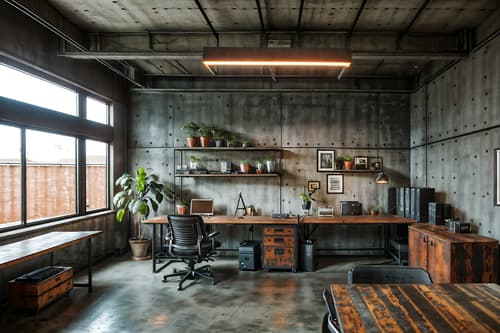 photo from pinterest of industrial-style interior designed (home office interior) with cabinets and office chair and computer desk and plant and desk lamp and cabinets. . with metal panels and factory style and exposed concrete and exposed rafters and exposed brick and open floorplan and raw aesthetic and reclaimed wood. . cinematic photo, highly detailed, cinematic lighting, ultra-detailed, ultrarealistic, photorealism, 8k. trending on pinterest. industrial interior design style. masterpiece, cinematic light, ultrarealistic+, photorealistic+, 8k, raw photo, realistic, sharp focus on eyes, (symmetrical eyes), (intact eyes), hyperrealistic, highest quality, best quality, , highly detailed, masterpiece, best quality, extremely detailed 8k wallpaper, masterpiece, best quality, ultra-detailed, best shadow, detailed background, detailed face, detailed eyes, high contrast, best illumination, detailed face, dulux, caustic, dynamic angle, detailed glow. dramatic lighting. highly detailed, insanely detailed hair, symmetrical, intricate details, professionally retouched, 8k high definition. strong bokeh. award winning photo.