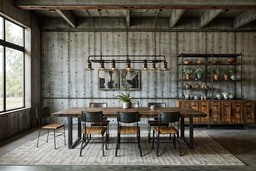 photo from pinterest of industrial-style interior designed (dining room interior) with bookshelves and dining table and vase and light or chandelier and table cloth and plant and painting or photo on wall and dining table chairs. . with neutral tones and factory style and metal panels and raw aesthetic and reclaimed wood and exposed concrete and open floorplan and exposed rafters. . cinematic photo, highly detailed, cinematic lighting, ultra-detailed, ultrarealistic, photorealism, 8k. trending on pinterest. industrial interior design style. masterpiece, cinematic light, ultrarealistic+, photorealistic+, 8k, raw photo, realistic, sharp focus on eyes, (symmetrical eyes), (intact eyes), hyperrealistic, highest quality, best quality, , highly detailed, masterpiece, best quality, extremely detailed 8k wallpaper, masterpiece, best quality, ultra-detailed, best shadow, detailed background, detailed face, detailed eyes, high contrast, best illumination, detailed face, dulux, caustic, dynamic angle, detailed glow. dramatic lighting. highly detailed, insanely detailed hair, symmetrical, intricate details, professionally retouched, 8k high definition. strong bokeh. award winning photo.