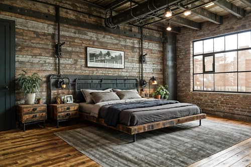 photo from pinterest of industrial-style interior designed (bedroom interior) with mirror and bed and dresser closet and headboard and accent chair and plant and bedside table or night stand and night light. . with exposed rafters and exposed brick and raw aesthetic and reclaimed wood and factory style and neutral tones and open floorplan and metal panels. . cinematic photo, highly detailed, cinematic lighting, ultra-detailed, ultrarealistic, photorealism, 8k. trending on pinterest. industrial interior design style. masterpiece, cinematic light, ultrarealistic+, photorealistic+, 8k, raw photo, realistic, sharp focus on eyes, (symmetrical eyes), (intact eyes), hyperrealistic, highest quality, best quality, , highly detailed, masterpiece, best quality, extremely detailed 8k wallpaper, masterpiece, best quality, ultra-detailed, best shadow, detailed background, detailed face, detailed eyes, high contrast, best illumination, detailed face, dulux, caustic, dynamic angle, detailed glow. dramatic lighting. highly detailed, insanely detailed hair, symmetrical, intricate details, professionally retouched, 8k high definition. strong bokeh. award winning photo.