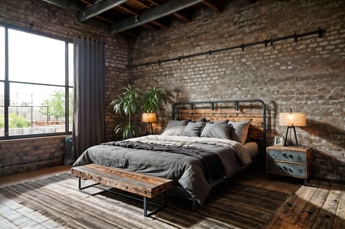 photo from pinterest of industrial-style interior designed (bedroom interior) with mirror and bed and dresser closet and headboard and accent chair and plant and bedside table or night stand and night light. . with exposed rafters and exposed brick and raw aesthetic and reclaimed wood and factory style and neutral tones and open floorplan and metal panels. . cinematic photo, highly detailed, cinematic lighting, ultra-detailed, ultrarealistic, photorealism, 8k. trending on pinterest. industrial interior design style. masterpiece, cinematic light, ultrarealistic+, photorealistic+, 8k, raw photo, realistic, sharp focus on eyes, (symmetrical eyes), (intact eyes), hyperrealistic, highest quality, best quality, , highly detailed, masterpiece, best quality, extremely detailed 8k wallpaper, masterpiece, best quality, ultra-detailed, best shadow, detailed background, detailed face, detailed eyes, high contrast, best illumination, detailed face, dulux, caustic, dynamic angle, detailed glow. dramatic lighting. highly detailed, insanely detailed hair, symmetrical, intricate details, professionally retouched, 8k high definition. strong bokeh. award winning photo.