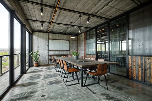 photo from pinterest of industrial-style interior designed (meeting room interior) with glass doors and office chairs and boardroom table and glass walls and cabinets and vase and plant and painting or photo on wall. . with exposed concrete and open floorplan and reclaimed wood and exposed rafters and utilitarian objects and raw aesthetic and factory style and metal panels. . cinematic photo, highly detailed, cinematic lighting, ultra-detailed, ultrarealistic, photorealism, 8k. trending on pinterest. industrial interior design style. masterpiece, cinematic light, ultrarealistic+, photorealistic+, 8k, raw photo, realistic, sharp focus on eyes, (symmetrical eyes), (intact eyes), hyperrealistic, highest quality, best quality, , highly detailed, masterpiece, best quality, extremely detailed 8k wallpaper, masterpiece, best quality, ultra-detailed, best shadow, detailed background, detailed face, detailed eyes, high contrast, best illumination, detailed face, dulux, caustic, dynamic angle, detailed glow. dramatic lighting. highly detailed, insanely detailed hair, symmetrical, intricate details, professionally retouched, 8k high definition. strong bokeh. award winning photo.