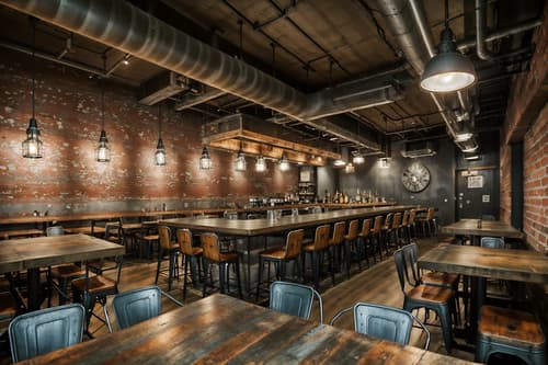 photo from pinterest of industrial-style interior designed (restaurant interior) with restaurant dining tables and restaurant bar and restaurant decor and restaurant chairs and restaurant dining tables. . with metal panels and utilitarian objects and reclaimed wood and raw aesthetic and neutral tones and exposed brick and open floorplan and exposed concrete. . cinematic photo, highly detailed, cinematic lighting, ultra-detailed, ultrarealistic, photorealism, 8k. trending on pinterest. industrial interior design style. masterpiece, cinematic light, ultrarealistic+, photorealistic+, 8k, raw photo, realistic, sharp focus on eyes, (symmetrical eyes), (intact eyes), hyperrealistic, highest quality, best quality, , highly detailed, masterpiece, best quality, extremely detailed 8k wallpaper, masterpiece, best quality, ultra-detailed, best shadow, detailed background, detailed face, detailed eyes, high contrast, best illumination, detailed face, dulux, caustic, dynamic angle, detailed glow. dramatic lighting. highly detailed, insanely detailed hair, symmetrical, intricate details, professionally retouched, 8k high definition. strong bokeh. award winning photo.