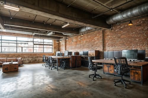 photo from pinterest of industrial-style interior designed (coworking space interior) with office desks and office chairs and seating area with sofa and lounge chairs and office desks. . with exposed brick and neutral tones and reclaimed wood and open floorplan and metal panels and factory style and utilitarian objects and exposed concrete. . cinematic photo, highly detailed, cinematic lighting, ultra-detailed, ultrarealistic, photorealism, 8k. trending on pinterest. industrial interior design style. masterpiece, cinematic light, ultrarealistic+, photorealistic+, 8k, raw photo, realistic, sharp focus on eyes, (symmetrical eyes), (intact eyes), hyperrealistic, highest quality, best quality, , highly detailed, masterpiece, best quality, extremely detailed 8k wallpaper, masterpiece, best quality, ultra-detailed, best shadow, detailed background, detailed face, detailed eyes, high contrast, best illumination, detailed face, dulux, caustic, dynamic angle, detailed glow. dramatic lighting. highly detailed, insanely detailed hair, symmetrical, intricate details, professionally retouched, 8k high definition. strong bokeh. award winning photo.