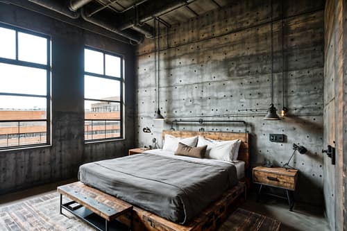 photo from pinterest of industrial-style interior designed (hotel room interior) with bedside table or night stand and working desk with desk chair and plant and bed and storage bench or ottoman and hotel bathroom and dresser closet and mirror. . with reclaimed wood and exposed concrete and factory style and raw aesthetic and neutral tones and exposed rafters and utilitarian objects and exposed brick. . cinematic photo, highly detailed, cinematic lighting, ultra-detailed, ultrarealistic, photorealism, 8k. trending on pinterest. industrial interior design style. masterpiece, cinematic light, ultrarealistic+, photorealistic+, 8k, raw photo, realistic, sharp focus on eyes, (symmetrical eyes), (intact eyes), hyperrealistic, highest quality, best quality, , highly detailed, masterpiece, best quality, extremely detailed 8k wallpaper, masterpiece, best quality, ultra-detailed, best shadow, detailed background, detailed face, detailed eyes, high contrast, best illumination, detailed face, dulux, caustic, dynamic angle, detailed glow. dramatic lighting. highly detailed, insanely detailed hair, symmetrical, intricate details, professionally retouched, 8k high definition. strong bokeh. award winning photo.