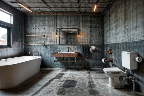 photo from pinterest of industrial-style interior designed (toilet interior) with sink with tap and toilet paper hanger and toilet with toilet seat up and sink with tap. . with neutral tones and metal panels and exposed concrete and exposed rafters and reclaimed wood and raw aesthetic and open floorplan and exposed brick. . cinematic photo, highly detailed, cinematic lighting, ultra-detailed, ultrarealistic, photorealism, 8k. trending on pinterest. industrial interior design style. masterpiece, cinematic light, ultrarealistic+, photorealistic+, 8k, raw photo, realistic, sharp focus on eyes, (symmetrical eyes), (intact eyes), hyperrealistic, highest quality, best quality, , highly detailed, masterpiece, best quality, extremely detailed 8k wallpaper, masterpiece, best quality, ultra-detailed, best shadow, detailed background, detailed face, detailed eyes, high contrast, best illumination, detailed face, dulux, caustic, dynamic angle, detailed glow. dramatic lighting. highly detailed, insanely detailed hair, symmetrical, intricate details, professionally retouched, 8k high definition. strong bokeh. award winning photo.