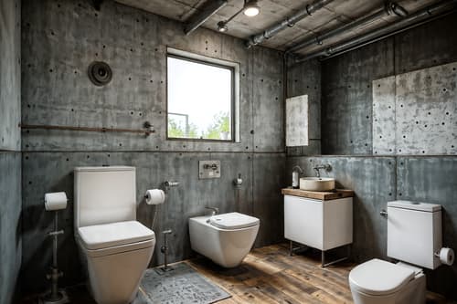 photo from pinterest of industrial-style interior designed (toilet interior) with sink with tap and toilet paper hanger and toilet with toilet seat up and sink with tap. . with neutral tones and metal panels and exposed concrete and exposed rafters and reclaimed wood and raw aesthetic and open floorplan and exposed brick. . cinematic photo, highly detailed, cinematic lighting, ultra-detailed, ultrarealistic, photorealism, 8k. trending on pinterest. industrial interior design style. masterpiece, cinematic light, ultrarealistic+, photorealistic+, 8k, raw photo, realistic, sharp focus on eyes, (symmetrical eyes), (intact eyes), hyperrealistic, highest quality, best quality, , highly detailed, masterpiece, best quality, extremely detailed 8k wallpaper, masterpiece, best quality, ultra-detailed, best shadow, detailed background, detailed face, detailed eyes, high contrast, best illumination, detailed face, dulux, caustic, dynamic angle, detailed glow. dramatic lighting. highly detailed, insanely detailed hair, symmetrical, intricate details, professionally retouched, 8k high definition. strong bokeh. award winning photo.
