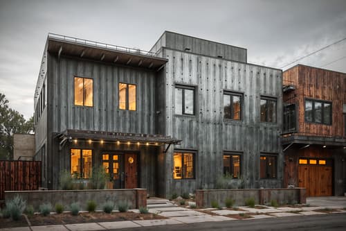 photo from pinterest of industrial-style exterior designed (house exterior exterior) . with metal panels and raw aesthetic and exposed brick and reclaimed wood and neutral tones and exposed concrete and utilitarian objects and factory style. . cinematic photo, highly detailed, cinematic lighting, ultra-detailed, ultrarealistic, photorealism, 8k. trending on pinterest. industrial exterior design style. masterpiece, cinematic light, ultrarealistic+, photorealistic+, 8k, raw photo, realistic, sharp focus on eyes, (symmetrical eyes), (intact eyes), hyperrealistic, highest quality, best quality, , highly detailed, masterpiece, best quality, extremely detailed 8k wallpaper, masterpiece, best quality, ultra-detailed, best shadow, detailed background, detailed face, detailed eyes, high contrast, best illumination, detailed face, dulux, caustic, dynamic angle, detailed glow. dramatic lighting. highly detailed, insanely detailed hair, symmetrical, intricate details, professionally retouched, 8k high definition. strong bokeh. award winning photo.