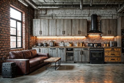 photo from pinterest of industrial-style interior designed (kitchen living combo interior) with televisions and sofa and kitchen cabinets and chairs and plant and electric lamps and sink and bookshelves. . with exposed brick and neutral tones and raw aesthetic and open floorplan and exposed concrete and reclaimed wood and factory style and metal panels. . cinematic photo, highly detailed, cinematic lighting, ultra-detailed, ultrarealistic, photorealism, 8k. trending on pinterest. industrial interior design style. masterpiece, cinematic light, ultrarealistic+, photorealistic+, 8k, raw photo, realistic, sharp focus on eyes, (symmetrical eyes), (intact eyes), hyperrealistic, highest quality, best quality, , highly detailed, masterpiece, best quality, extremely detailed 8k wallpaper, masterpiece, best quality, ultra-detailed, best shadow, detailed background, detailed face, detailed eyes, high contrast, best illumination, detailed face, dulux, caustic, dynamic angle, detailed glow. dramatic lighting. highly detailed, insanely detailed hair, symmetrical, intricate details, professionally retouched, 8k high definition. strong bokeh. award winning photo.