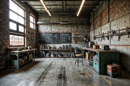photo from pinterest of industrial-style interior designed (workshop interior) with tool wall and wooden workbench and messy and tool wall. . with utilitarian objects and exposed concrete and metal panels and neutral tones and factory style and exposed brick and reclaimed wood and exposed rafters. . cinematic photo, highly detailed, cinematic lighting, ultra-detailed, ultrarealistic, photorealism, 8k. trending on pinterest. industrial interior design style. masterpiece, cinematic light, ultrarealistic+, photorealistic+, 8k, raw photo, realistic, sharp focus on eyes, (symmetrical eyes), (intact eyes), hyperrealistic, highest quality, best quality, , highly detailed, masterpiece, best quality, extremely detailed 8k wallpaper, masterpiece, best quality, ultra-detailed, best shadow, detailed background, detailed face, detailed eyes, high contrast, best illumination, detailed face, dulux, caustic, dynamic angle, detailed glow. dramatic lighting. highly detailed, insanely detailed hair, symmetrical, intricate details, professionally retouched, 8k high definition. strong bokeh. award winning photo.