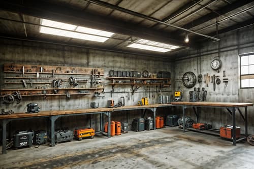 photo from pinterest of industrial-style interior designed (workshop interior) with tool wall and wooden workbench and messy and tool wall. . with utilitarian objects and exposed concrete and metal panels and neutral tones and factory style and exposed brick and reclaimed wood and exposed rafters. . cinematic photo, highly detailed, cinematic lighting, ultra-detailed, ultrarealistic, photorealism, 8k. trending on pinterest. industrial interior design style. masterpiece, cinematic light, ultrarealistic+, photorealistic+, 8k, raw photo, realistic, sharp focus on eyes, (symmetrical eyes), (intact eyes), hyperrealistic, highest quality, best quality, , highly detailed, masterpiece, best quality, extremely detailed 8k wallpaper, masterpiece, best quality, ultra-detailed, best shadow, detailed background, detailed face, detailed eyes, high contrast, best illumination, detailed face, dulux, caustic, dynamic angle, detailed glow. dramatic lighting. highly detailed, insanely detailed hair, symmetrical, intricate details, professionally retouched, 8k high definition. strong bokeh. award winning photo.