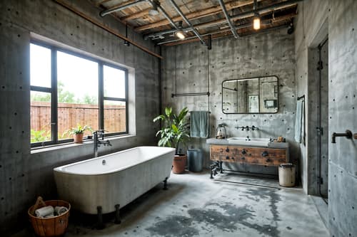 photo from pinterest of industrial-style interior designed (bathroom interior) with bathtub and waste basket and toilet seat and mirror and plant and bath rail and shower and bathroom sink with faucet. . with exposed concrete and exposed brick and exposed rafters and neutral tones and reclaimed wood and utilitarian objects and open floorplan and metal panels. . cinematic photo, highly detailed, cinematic lighting, ultra-detailed, ultrarealistic, photorealism, 8k. trending on pinterest. industrial interior design style. masterpiece, cinematic light, ultrarealistic+, photorealistic+, 8k, raw photo, realistic, sharp focus on eyes, (symmetrical eyes), (intact eyes), hyperrealistic, highest quality, best quality, , highly detailed, masterpiece, best quality, extremely detailed 8k wallpaper, masterpiece, best quality, ultra-detailed, best shadow, detailed background, detailed face, detailed eyes, high contrast, best illumination, detailed face, dulux, caustic, dynamic angle, detailed glow. dramatic lighting. highly detailed, insanely detailed hair, symmetrical, intricate details, professionally retouched, 8k high definition. strong bokeh. award winning photo.