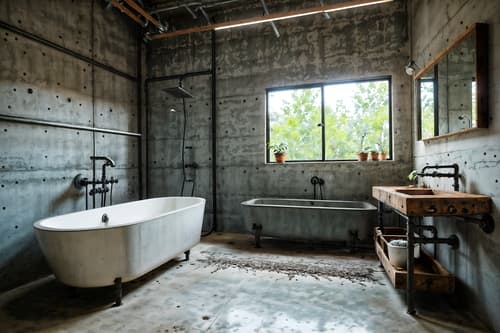 photo from pinterest of industrial-style interior designed (bathroom interior) with bathtub and waste basket and toilet seat and mirror and plant and bath rail and shower and bathroom sink with faucet. . with exposed concrete and exposed brick and exposed rafters and neutral tones and reclaimed wood and utilitarian objects and open floorplan and metal panels. . cinematic photo, highly detailed, cinematic lighting, ultra-detailed, ultrarealistic, photorealism, 8k. trending on pinterest. industrial interior design style. masterpiece, cinematic light, ultrarealistic+, photorealistic+, 8k, raw photo, realistic, sharp focus on eyes, (symmetrical eyes), (intact eyes), hyperrealistic, highest quality, best quality, , highly detailed, masterpiece, best quality, extremely detailed 8k wallpaper, masterpiece, best quality, ultra-detailed, best shadow, detailed background, detailed face, detailed eyes, high contrast, best illumination, detailed face, dulux, caustic, dynamic angle, detailed glow. dramatic lighting. highly detailed, insanely detailed hair, symmetrical, intricate details, professionally retouched, 8k high definition. strong bokeh. award winning photo.