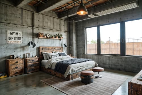 photo from pinterest of industrial-style interior designed (kids room interior) with bed and accent chair and plant and kids desk and storage bench or ottoman and headboard and mirror and night light. . with factory style and open floorplan and exposed concrete and utilitarian objects and exposed rafters and neutral tones and reclaimed wood and raw aesthetic. . cinematic photo, highly detailed, cinematic lighting, ultra-detailed, ultrarealistic, photorealism, 8k. trending on pinterest. industrial interior design style. masterpiece, cinematic light, ultrarealistic+, photorealistic+, 8k, raw photo, realistic, sharp focus on eyes, (symmetrical eyes), (intact eyes), hyperrealistic, highest quality, best quality, , highly detailed, masterpiece, best quality, extremely detailed 8k wallpaper, masterpiece, best quality, ultra-detailed, best shadow, detailed background, detailed face, detailed eyes, high contrast, best illumination, detailed face, dulux, caustic, dynamic angle, detailed glow. dramatic lighting. highly detailed, insanely detailed hair, symmetrical, intricate details, professionally retouched, 8k high definition. strong bokeh. award winning photo.