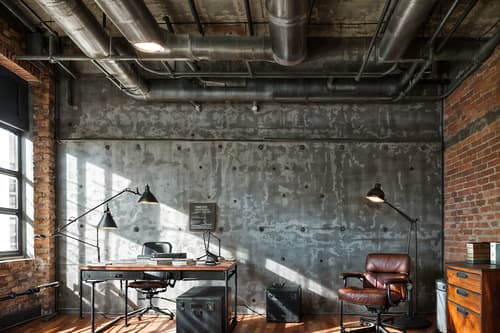 photo from pinterest of industrial-style interior designed (study room interior) with office chair and desk lamp and cabinets and writing desk and plant and bookshelves and lounge chair and office chair. . with exposed brick and factory style and exposed concrete and open floorplan and metal panels and utilitarian objects and raw aesthetic and exposed rafters. . cinematic photo, highly detailed, cinematic lighting, ultra-detailed, ultrarealistic, photorealism, 8k. trending on pinterest. industrial interior design style. masterpiece, cinematic light, ultrarealistic+, photorealistic+, 8k, raw photo, realistic, sharp focus on eyes, (symmetrical eyes), (intact eyes), hyperrealistic, highest quality, best quality, , highly detailed, masterpiece, best quality, extremely detailed 8k wallpaper, masterpiece, best quality, ultra-detailed, best shadow, detailed background, detailed face, detailed eyes, high contrast, best illumination, detailed face, dulux, caustic, dynamic angle, detailed glow. dramatic lighting. highly detailed, insanely detailed hair, symmetrical, intricate details, professionally retouched, 8k high definition. strong bokeh. award winning photo.