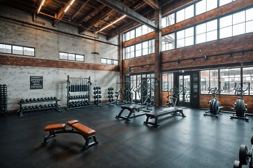 photo from pinterest of industrial-style interior designed (fitness gym interior) with exercise bicycle and dumbbell stand and squat rack and crosstrainer and bench press and exercise bicycle. . with exposed rafters and raw aesthetic and exposed brick and reclaimed wood and factory style and open floorplan and utilitarian objects and metal panels. . cinematic photo, highly detailed, cinematic lighting, ultra-detailed, ultrarealistic, photorealism, 8k. trending on pinterest. industrial interior design style. masterpiece, cinematic light, ultrarealistic+, photorealistic+, 8k, raw photo, realistic, sharp focus on eyes, (symmetrical eyes), (intact eyes), hyperrealistic, highest quality, best quality, , highly detailed, masterpiece, best quality, extremely detailed 8k wallpaper, masterpiece, best quality, ultra-detailed, best shadow, detailed background, detailed face, detailed eyes, high contrast, best illumination, detailed face, dulux, caustic, dynamic angle, detailed glow. dramatic lighting. highly detailed, insanely detailed hair, symmetrical, intricate details, professionally retouched, 8k high definition. strong bokeh. award winning photo.