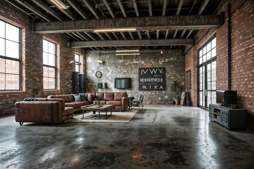photo from pinterest of industrial-style interior designed (exhibition space interior) . with exposed brick and open floorplan and reclaimed wood and metal panels and utilitarian objects and neutral tones and exposed concrete and exposed rafters. . cinematic photo, highly detailed, cinematic lighting, ultra-detailed, ultrarealistic, photorealism, 8k. trending on pinterest. industrial interior design style. masterpiece, cinematic light, ultrarealistic+, photorealistic+, 8k, raw photo, realistic, sharp focus on eyes, (symmetrical eyes), (intact eyes), hyperrealistic, highest quality, best quality, , highly detailed, masterpiece, best quality, extremely detailed 8k wallpaper, masterpiece, best quality, ultra-detailed, best shadow, detailed background, detailed face, detailed eyes, high contrast, best illumination, detailed face, dulux, caustic, dynamic angle, detailed glow. dramatic lighting. highly detailed, insanely detailed hair, symmetrical, intricate details, professionally retouched, 8k high definition. strong bokeh. award winning photo.
