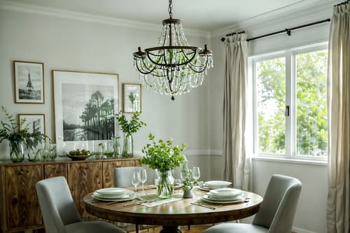 photo from pinterest of eco-friendly-style interior designed (dining room interior) with light or chandelier and table cloth and plates, cutlery and glasses on dining table and painting or photo on wall and bookshelves and vase and plant and dining table. . . cinematic photo, highly detailed, cinematic lighting, ultra-detailed, ultrarealistic, photorealism, 8k. trending on pinterest. eco-friendly interior design style. masterpiece, cinematic light, ultrarealistic+, photorealistic+, 8k, raw photo, realistic, sharp focus on eyes, (symmetrical eyes), (intact eyes), hyperrealistic, highest quality, best quality, , highly detailed, masterpiece, best quality, extremely detailed 8k wallpaper, masterpiece, best quality, ultra-detailed, best shadow, detailed background, detailed face, detailed eyes, high contrast, best illumination, detailed face, dulux, caustic, dynamic angle, detailed glow. dramatic lighting. highly detailed, insanely detailed hair, symmetrical, intricate details, professionally retouched, 8k high definition. strong bokeh. award winning photo.