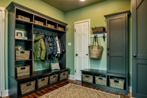 photo from pinterest of eco-friendly-style interior designed (mudroom interior) with cabinets and wall hooks for coats and storage drawers and a bench and high up storage and storage baskets and cubbies and shelves for shoes. . . cinematic photo, highly detailed, cinematic lighting, ultra-detailed, ultrarealistic, photorealism, 8k. trending on pinterest. eco-friendly interior design style. masterpiece, cinematic light, ultrarealistic+, photorealistic+, 8k, raw photo, realistic, sharp focus on eyes, (symmetrical eyes), (intact eyes), hyperrealistic, highest quality, best quality, , highly detailed, masterpiece, best quality, extremely detailed 8k wallpaper, masterpiece, best quality, ultra-detailed, best shadow, detailed background, detailed face, detailed eyes, high contrast, best illumination, detailed face, dulux, caustic, dynamic angle, detailed glow. dramatic lighting. highly detailed, insanely detailed hair, symmetrical, intricate details, professionally retouched, 8k high definition. strong bokeh. award winning photo.