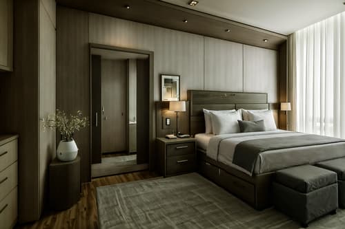 photo from pinterest of eco-friendly-style interior designed (hotel room interior) with bedside table or night stand and headboard and mirror and working desk with desk chair and dresser closet and storage bench or ottoman and hotel bathroom and bed. . . cinematic photo, highly detailed, cinematic lighting, ultra-detailed, ultrarealistic, photorealism, 8k. trending on pinterest. eco-friendly interior design style. masterpiece, cinematic light, ultrarealistic+, photorealistic+, 8k, raw photo, realistic, sharp focus on eyes, (symmetrical eyes), (intact eyes), hyperrealistic, highest quality, best quality, , highly detailed, masterpiece, best quality, extremely detailed 8k wallpaper, masterpiece, best quality, ultra-detailed, best shadow, detailed background, detailed face, detailed eyes, high contrast, best illumination, detailed face, dulux, caustic, dynamic angle, detailed glow. dramatic lighting. highly detailed, insanely detailed hair, symmetrical, intricate details, professionally retouched, 8k high definition. strong bokeh. award winning photo.