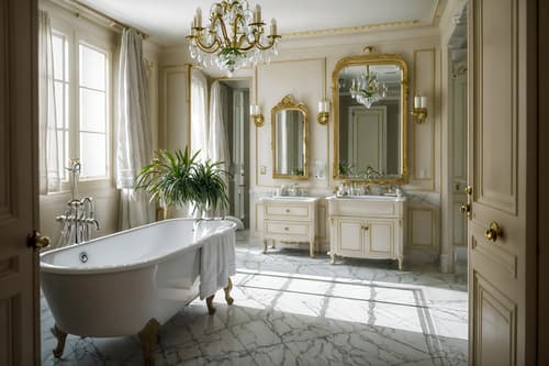 photo from pinterest of french-style interior designed (hotel bathroom interior) with waste basket and bathroom cabinet and plant and shower and toilet seat and mirror and bathroom sink with faucet and bathtub. . . cinematic photo, highly detailed, cinematic lighting, ultra-detailed, ultrarealistic, photorealism, 8k. trending on pinterest. french interior design style. masterpiece, cinematic light, ultrarealistic+, photorealistic+, 8k, raw photo, realistic, sharp focus on eyes, (symmetrical eyes), (intact eyes), hyperrealistic, highest quality, best quality, , highly detailed, masterpiece, best quality, extremely detailed 8k wallpaper, masterpiece, best quality, ultra-detailed, best shadow, detailed background, detailed face, detailed eyes, high contrast, best illumination, detailed face, dulux, caustic, dynamic angle, detailed glow. dramatic lighting. highly detailed, insanely detailed hair, symmetrical, intricate details, professionally retouched, 8k high definition. strong bokeh. award winning photo.
