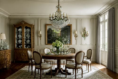 photo from pinterest of french-style interior designed (dining room interior) with dining table chairs and plant and table cloth and dining table and bookshelves and painting or photo on wall and vase and plates, cutlery and glasses on dining table. . . cinematic photo, highly detailed, cinematic lighting, ultra-detailed, ultrarealistic, photorealism, 8k. trending on pinterest. french interior design style. masterpiece, cinematic light, ultrarealistic+, photorealistic+, 8k, raw photo, realistic, sharp focus on eyes, (symmetrical eyes), (intact eyes), hyperrealistic, highest quality, best quality, , highly detailed, masterpiece, best quality, extremely detailed 8k wallpaper, masterpiece, best quality, ultra-detailed, best shadow, detailed background, detailed face, detailed eyes, high contrast, best illumination, detailed face, dulux, caustic, dynamic angle, detailed glow. dramatic lighting. highly detailed, insanely detailed hair, symmetrical, intricate details, professionally retouched, 8k high definition. strong bokeh. award winning photo.