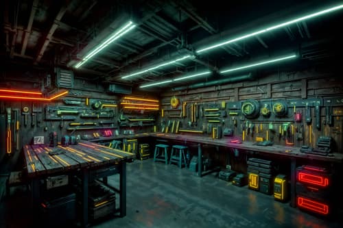 photo from pinterest of cyberpunk-style interior designed (workshop interior) with wooden workbench and messy and tool wall and wooden workbench. . with strong geometric walls and futuristic cybernetic city and bladerunner lights and led lights and color lights glow and dark night and cyberpunk style and bladerunner style. . cinematic photo, highly detailed, cinematic lighting, ultra-detailed, ultrarealistic, photorealism, 8k. trending on pinterest. cyberpunk interior design style. masterpiece, cinematic light, ultrarealistic+, photorealistic+, 8k, raw photo, realistic, sharp focus on eyes, (symmetrical eyes), (intact eyes), hyperrealistic, highest quality, best quality, , highly detailed, masterpiece, best quality, extremely detailed 8k wallpaper, masterpiece, best quality, ultra-detailed, best shadow, detailed background, detailed face, detailed eyes, high contrast, best illumination, detailed face, dulux, caustic, dynamic angle, detailed glow. dramatic lighting. highly detailed, insanely detailed hair, symmetrical, intricate details, professionally retouched, 8k high definition. strong bokeh. award winning photo.