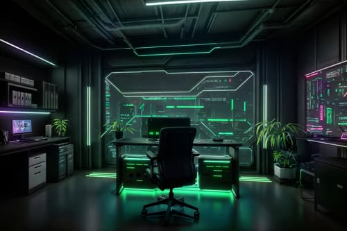 photo from pinterest of cyberpunk-style interior designed (home office interior) with plant and office chair and desk lamp and cabinets and computer desk and plant. . with bladerunner lights and minimalist and strong geometric walls and cyberpunk style and futuristic cybernetic city and cyberpunk lights and cyberpunk lights and led lights. . cinematic photo, highly detailed, cinematic lighting, ultra-detailed, ultrarealistic, photorealism, 8k. trending on pinterest. cyberpunk interior design style. masterpiece, cinematic light, ultrarealistic+, photorealistic+, 8k, raw photo, realistic, sharp focus on eyes, (symmetrical eyes), (intact eyes), hyperrealistic, highest quality, best quality, , highly detailed, masterpiece, best quality, extremely detailed 8k wallpaper, masterpiece, best quality, ultra-detailed, best shadow, detailed background, detailed face, detailed eyes, high contrast, best illumination, detailed face, dulux, caustic, dynamic angle, detailed glow. dramatic lighting. highly detailed, insanely detailed hair, symmetrical, intricate details, professionally retouched, 8k high definition. strong bokeh. award winning photo.