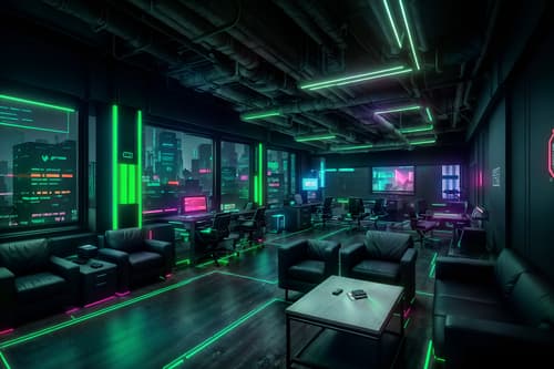 photo from pinterest of cyberpunk-style interior designed (office interior) with office desks and lounge chairs and plants and computer desks and desk lamps and office chairs and seating area with sofa and windows. . with color lights glow and cyberpunk style and dark night and cyberpunk lights and synthetic objects and cyberpunk lights and black lights and bladerunner lights. . cinematic photo, highly detailed, cinematic lighting, ultra-detailed, ultrarealistic, photorealism, 8k. trending on pinterest. cyberpunk interior design style. masterpiece, cinematic light, ultrarealistic+, photorealistic+, 8k, raw photo, realistic, sharp focus on eyes, (symmetrical eyes), (intact eyes), hyperrealistic, highest quality, best quality, , highly detailed, masterpiece, best quality, extremely detailed 8k wallpaper, masterpiece, best quality, ultra-detailed, best shadow, detailed background, detailed face, detailed eyes, high contrast, best illumination, detailed face, dulux, caustic, dynamic angle, detailed glow. dramatic lighting. highly detailed, insanely detailed hair, symmetrical, intricate details, professionally retouched, 8k high definition. strong bokeh. award winning photo.
