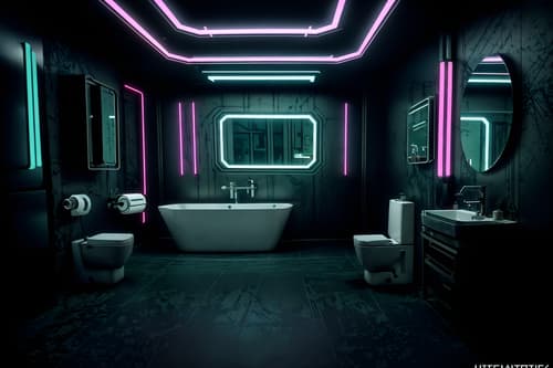 photo from pinterest of cyberpunk-style interior designed (hotel bathroom interior) with toilet seat and bath rail and mirror and waste basket and bathroom sink with faucet and shower and bathtub and plant. . with military uniforms and gear and synthetic objects and cyberpunk lights and strong geometric walls and surrealist paintings and cyberpunk lights and black lights and synthwave. . cinematic photo, highly detailed, cinematic lighting, ultra-detailed, ultrarealistic, photorealism, 8k. trending on pinterest. cyberpunk interior design style. masterpiece, cinematic light, ultrarealistic+, photorealistic+, 8k, raw photo, realistic, sharp focus on eyes, (symmetrical eyes), (intact eyes), hyperrealistic, highest quality, best quality, , highly detailed, masterpiece, best quality, extremely detailed 8k wallpaper, masterpiece, best quality, ultra-detailed, best shadow, detailed background, detailed face, detailed eyes, high contrast, best illumination, detailed face, dulux, caustic, dynamic angle, detailed glow. dramatic lighting. highly detailed, insanely detailed hair, symmetrical, intricate details, professionally retouched, 8k high definition. strong bokeh. award winning photo.