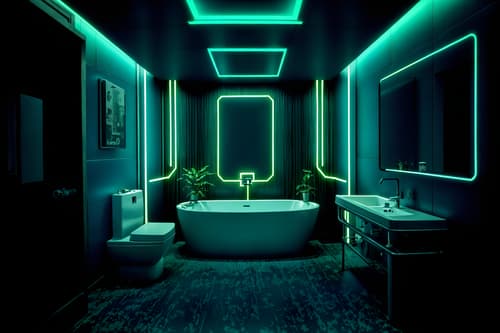 photo from pinterest of cyberpunk-style interior designed (hotel bathroom interior) with toilet seat and bath rail and mirror and waste basket and bathroom sink with faucet and shower and bathtub and plant. . with military uniforms and gear and synthetic objects and cyberpunk lights and strong geometric walls and surrealist paintings and cyberpunk lights and black lights and synthwave. . cinematic photo, highly detailed, cinematic lighting, ultra-detailed, ultrarealistic, photorealism, 8k. trending on pinterest. cyberpunk interior design style. masterpiece, cinematic light, ultrarealistic+, photorealistic+, 8k, raw photo, realistic, sharp focus on eyes, (symmetrical eyes), (intact eyes), hyperrealistic, highest quality, best quality, , highly detailed, masterpiece, best quality, extremely detailed 8k wallpaper, masterpiece, best quality, ultra-detailed, best shadow, detailed background, detailed face, detailed eyes, high contrast, best illumination, detailed face, dulux, caustic, dynamic angle, detailed glow. dramatic lighting. highly detailed, insanely detailed hair, symmetrical, intricate details, professionally retouched, 8k high definition. strong bokeh. award winning photo.
