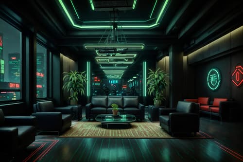 photo from pinterest of cyberpunk-style interior designed (hotel lobby interior) with lounge chairs and sofas and coffee tables and hanging lamps and furniture and plant and rug and check in desk. . with military uniforms and gear and cyberpunk lights and bladerunner style and surrealist paintings and dark night and futuristic cybernetic details and synthetic objects and cyberpunk lights. . cinematic photo, highly detailed, cinematic lighting, ultra-detailed, ultrarealistic, photorealism, 8k. trending on pinterest. cyberpunk interior design style. masterpiece, cinematic light, ultrarealistic+, photorealistic+, 8k, raw photo, realistic, sharp focus on eyes, (symmetrical eyes), (intact eyes), hyperrealistic, highest quality, best quality, , highly detailed, masterpiece, best quality, extremely detailed 8k wallpaper, masterpiece, best quality, ultra-detailed, best shadow, detailed background, detailed face, detailed eyes, high contrast, best illumination, detailed face, dulux, caustic, dynamic angle, detailed glow. dramatic lighting. highly detailed, insanely detailed hair, symmetrical, intricate details, professionally retouched, 8k high definition. strong bokeh. award winning photo.