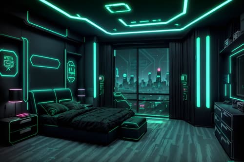 photo from pinterest of cyberpunk-style interior designed (kids room interior) with storage bench or ottoman and bedside table or night stand and kids desk and mirror and headboard and dresser closet and bed and plant. . with minimalist and strong geometric walls and black lights and futuristic cybernetic city and military uniforms and gear and cyberpunk lights and dark night and color lights glow. . cinematic photo, highly detailed, cinematic lighting, ultra-detailed, ultrarealistic, photorealism, 8k. trending on pinterest. cyberpunk interior design style. masterpiece, cinematic light, ultrarealistic+, photorealistic+, 8k, raw photo, realistic, sharp focus on eyes, (symmetrical eyes), (intact eyes), hyperrealistic, highest quality, best quality, , highly detailed, masterpiece, best quality, extremely detailed 8k wallpaper, masterpiece, best quality, ultra-detailed, best shadow, detailed background, detailed face, detailed eyes, high contrast, best illumination, detailed face, dulux, caustic, dynamic angle, detailed glow. dramatic lighting. highly detailed, insanely detailed hair, symmetrical, intricate details, professionally retouched, 8k high definition. strong bokeh. award winning photo.