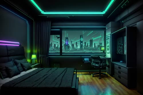 photo from pinterest of cyberpunk-style interior designed (kids room interior) with storage bench or ottoman and bedside table or night stand and kids desk and mirror and headboard and dresser closet and bed and plant. . with minimalist and strong geometric walls and black lights and futuristic cybernetic city and military uniforms and gear and cyberpunk lights and dark night and color lights glow. . cinematic photo, highly detailed, cinematic lighting, ultra-detailed, ultrarealistic, photorealism, 8k. trending on pinterest. cyberpunk interior design style. masterpiece, cinematic light, ultrarealistic+, photorealistic+, 8k, raw photo, realistic, sharp focus on eyes, (symmetrical eyes), (intact eyes), hyperrealistic, highest quality, best quality, , highly detailed, masterpiece, best quality, extremely detailed 8k wallpaper, masterpiece, best quality, ultra-detailed, best shadow, detailed background, detailed face, detailed eyes, high contrast, best illumination, detailed face, dulux, caustic, dynamic angle, detailed glow. dramatic lighting. highly detailed, insanely detailed hair, symmetrical, intricate details, professionally retouched, 8k high definition. strong bokeh. award winning photo.